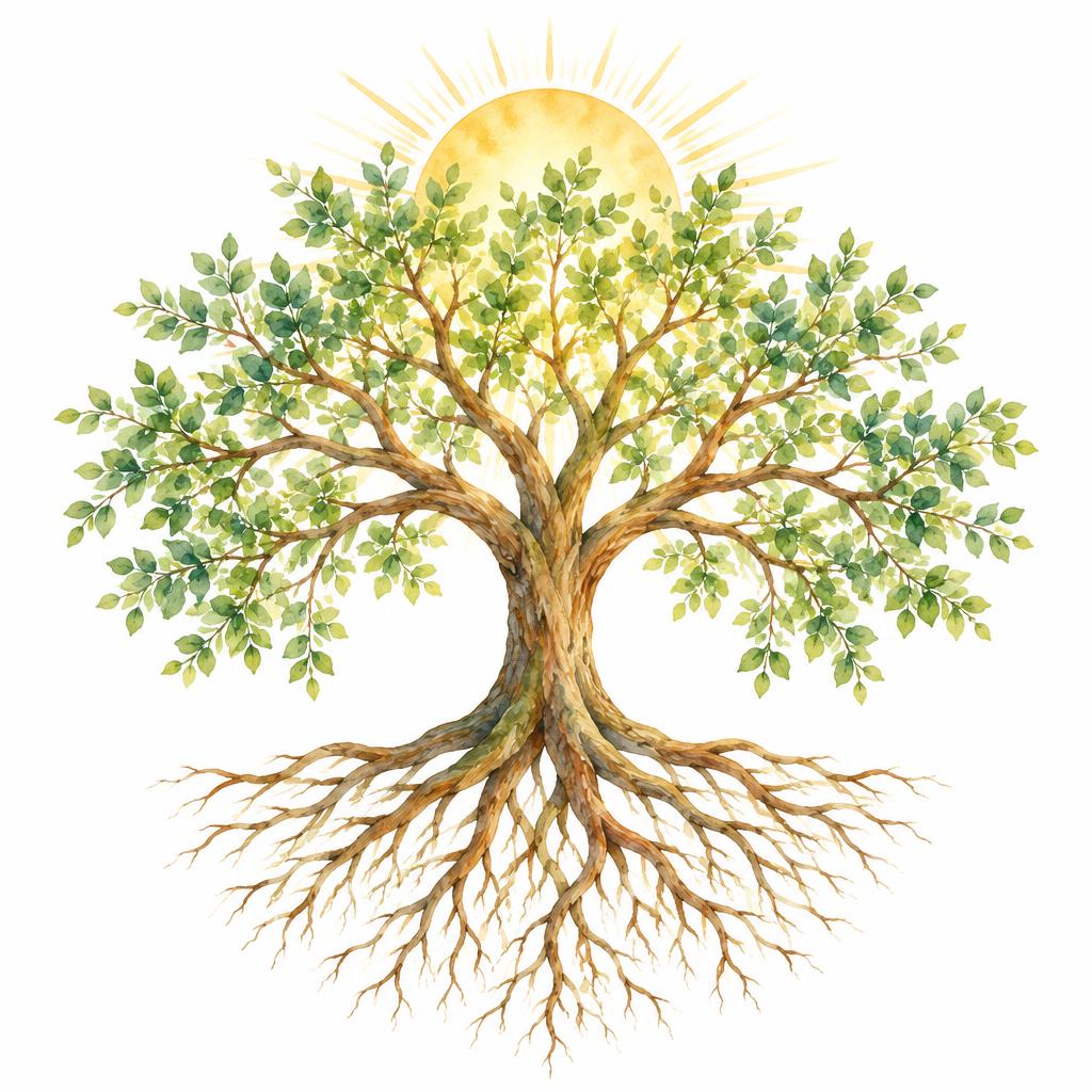 Watercolor illustration of the Tree of Life with a golden sun behind it